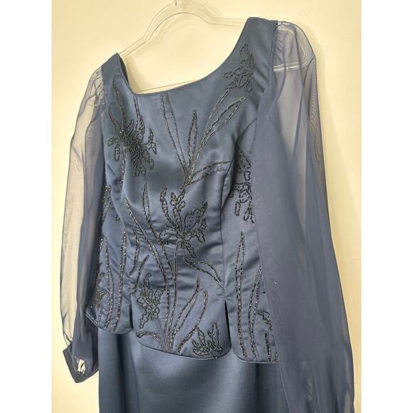 1990s Eve of Milady Navy Beaded Evening Dress with Sheer Sleeves M - L - Picture 8 of 14